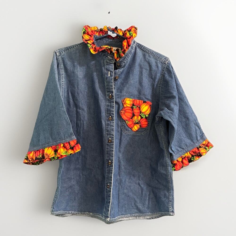 Reworked Upcycled VTG LL Bean Denim Pumpkin Fall Ruffle Collar Shirt Sz MED